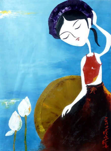 Thiếu nữ và sen ( Tranh sơn dầu - 44 cm * 60 cm ) MS :025