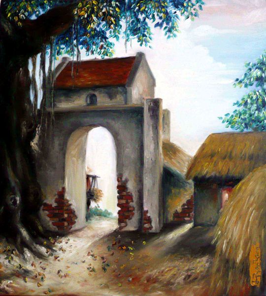 Cổng làng ngày mùa ( Tranh sơn dầu - 44 cm * 48 cm ) - MS : 030